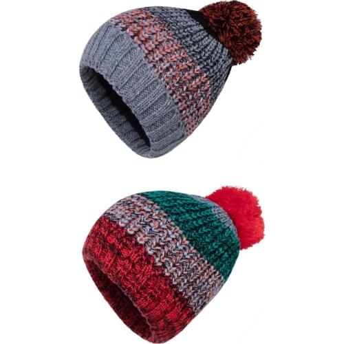 Connectyle Boys Girl Kids Winter Skull Cap Cuff Beanie Fleece Lined Earflap Windproof Warm Patchwork Knitted Caps With Pom-Pom