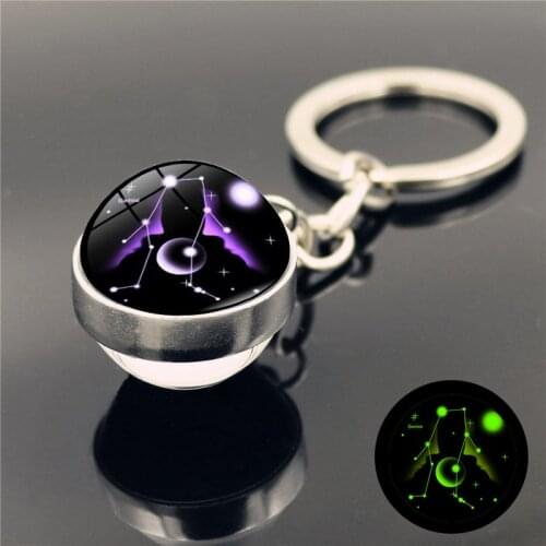 Luminous 12 Constellation Keychain Double Sided Glass Ball Pendant Virgo Leo Glow Jewelry Keychain Holder Keyring Birthday Gift