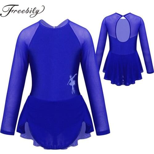Teens Kids Figure Skating Dress Girls Long Sleeves Tulle Splice Cutouts Back Ice Skating Leotard Gymnastics Ballet Dance wear