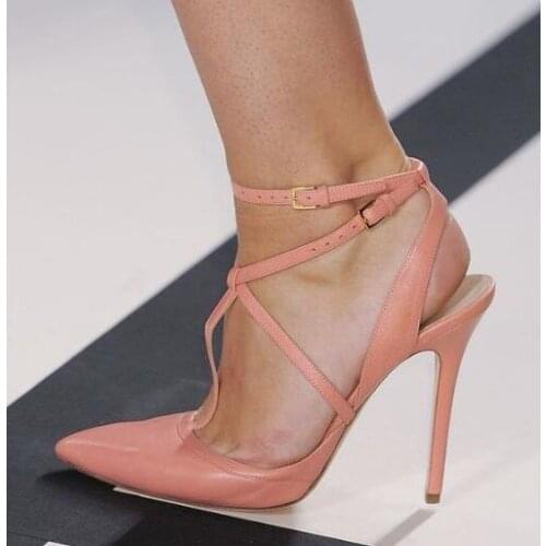 Sexy Pink White Leather Pumps Women Shoes Pointed Toe Cross Strap Cut-out Strappy Sandals 2019 Ladies Banquet Dress Shoes