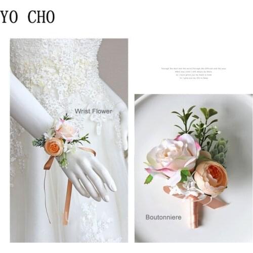 YO CHO Men Wedding Boutonniere Artificial Flower Silk Rose Bride Wrist Corsage Girl Bracelet Flower Women Brooch Wrist Corsage