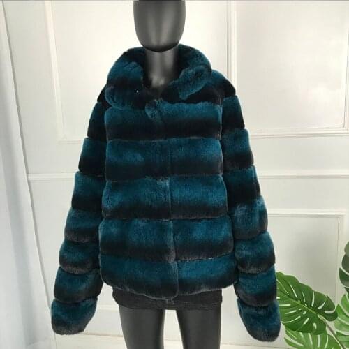 Real Rex Rabbit Fur coat jacket Latest Fashion 2019 Chinchilla Color standing collar middle length Genuine Rabbit Fur Overcoat