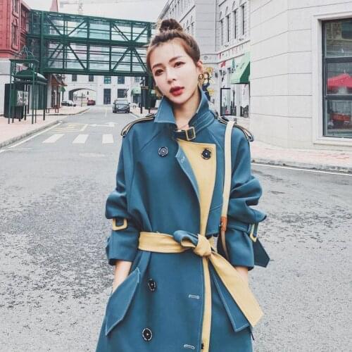 Blue Trench Womens Middle Long British Style 2021 Autumn Waist Over Knee Coat Double Breasted Lace Up Coat Womens Coat Fashion