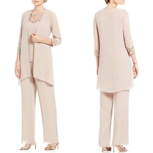 Plus Size Chiffon Mother Of The Bride Dress Gown Pant Suits Trousers Custom Three Pieces O-Neck With Jacket drees woman