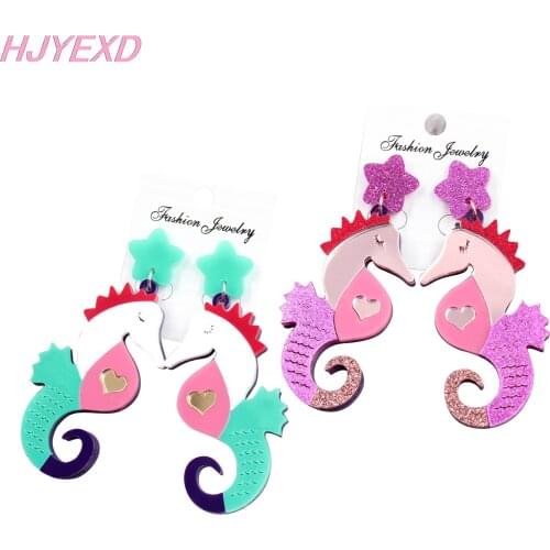 1pair) 60mm Acrylic Seahorse Dangle Earrings Hop Pink Star Heart Rainbow Cute Seahorse Earrings Laser cut-HP034