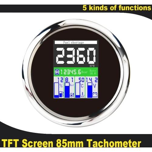 85mm 5 in 1 Multi-functional Gauge Meter Digital Tachometer 9-32V Fuel Level Water Temp Oil Pressure 0~10Bar With Alarm