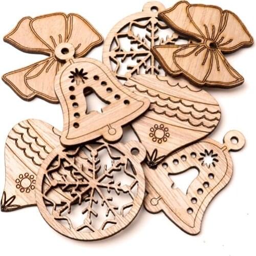 8Pcs Christmas Wooden Pendants Ornaments DIY Wood Crafts Xmas Tree Ornaments Snowflake Christmas Party Decorations 50-70mm