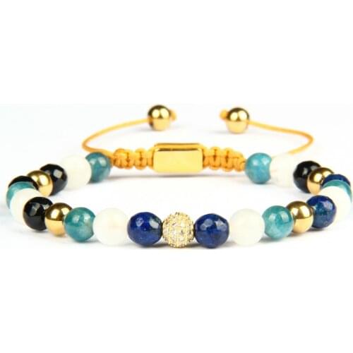 Ailatu 10 Pieces Natural Stone CZ Ball Jewelry Gold Color Plated Bracelet Laser Printing Logo Back Beads