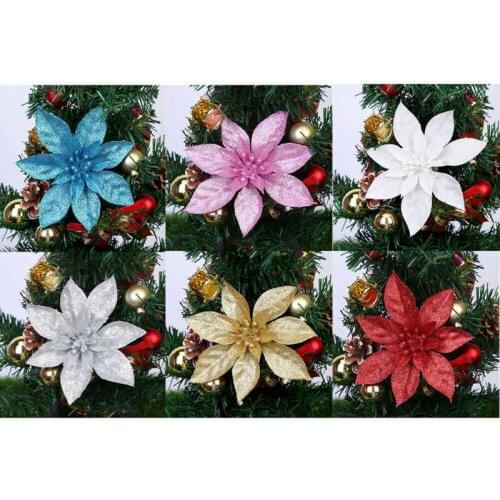 Glitter Flower 10 Pcs Tree Hanging Christmas Poinsettia Xmas Party Decoration