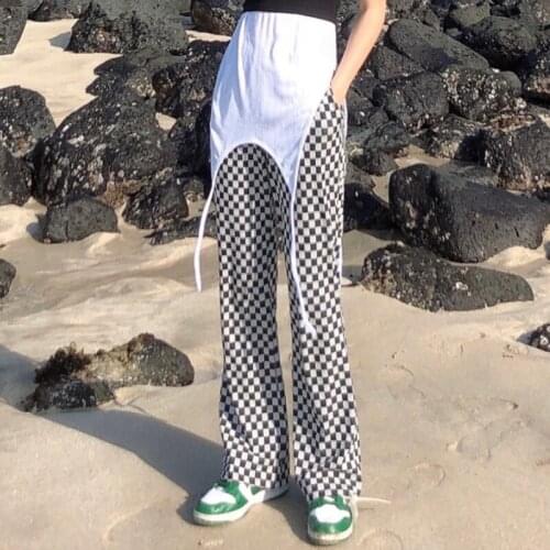 Knitted Plaid Pants Women Harajuku High Waist Straight Wide Leg Pants Y2K Vintage Straight Long Trousers Sweatpants Joggers Pant