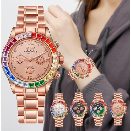 New Diamond Quartz Watches for Women Luxury Brand Ladies Gold Stainless Steel Wristwatch Minimalist Analog Female Iced Out Watch