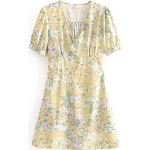 Floral Print Dresses For Women Holiday Vacation Beach Summer Dress Woman V Neck Short Sleeve Buttoned Casual Mini Dress Sundress