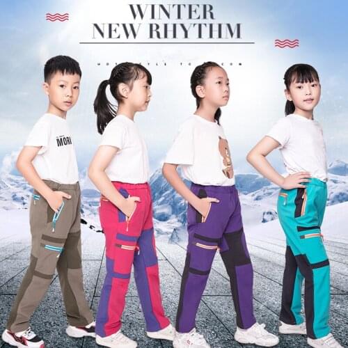 Cinbatu Boys Girls Hiking Pants Kids Winter Warm Children Waterproof Fleece Softshell Color stitching Trousers For Ski Trekkin