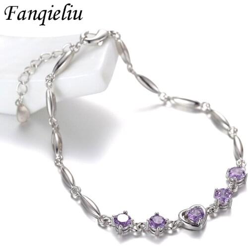 Fanqieliu Solid 925 Sterling Silver Bracelet Wedding Jewelry Woman Heart Purple Crystal Charm Bracelets For Women FQL20358