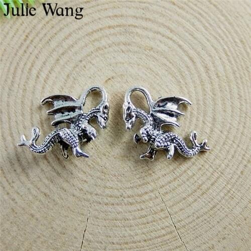 Julie Wang 20PCS Alloy Small Dragon Dinosaur Charms Antique Silver Color Pendant Necklace DIY Jewelry Making Findings Accessory