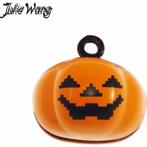 Julie Wang 5pcs Orange Pumpkin Shape Zinc Alloy Mini Bell Pendant Charms Making Halloween Decoration BraceLet Jewelry Findings