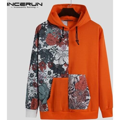 Leisure Men Hoodies Long Sleeve Printed Hooded Sweatshirts Fashion Patchwork Outwear INCERUN Man Pocket Pullovers Streetwear 3XL