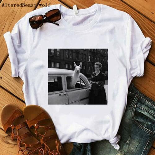 A llama hanging out in a NYC car Llama t shirt femme Llama print Tops women T-Shirts white clothes short sleeve funny t shirt