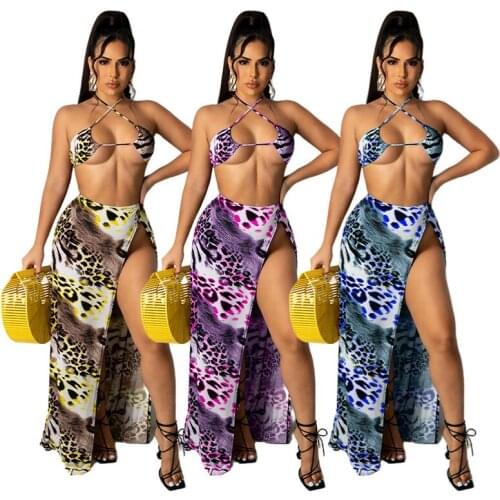 Summer Fashion Women Two Piece Bikini Set Dress Leopard Print Halter Crop Top And High Split Long Skirts Beach Dress S-XXL