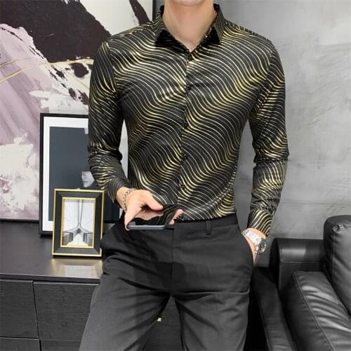 2021 new mens fashion high-end brand business casual slim long-sleeved shirt men gilt printing nightclub host lapel dress shirt