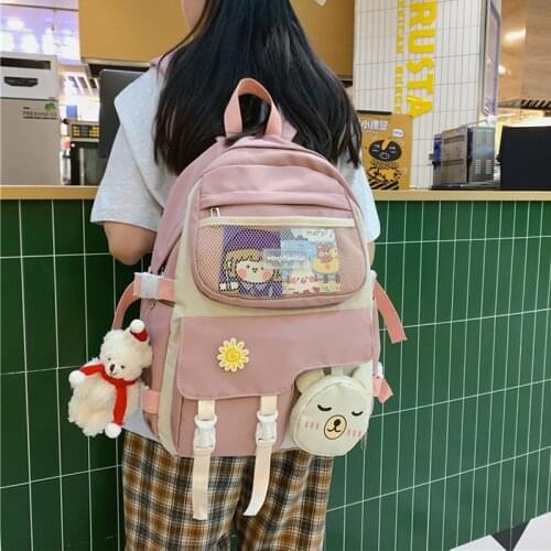 2021 New Cute Girls Nylon Backpack With Net Front Pocket Book Schoolbag For Teenage Girls Fashion Summer Student Bags Satchel