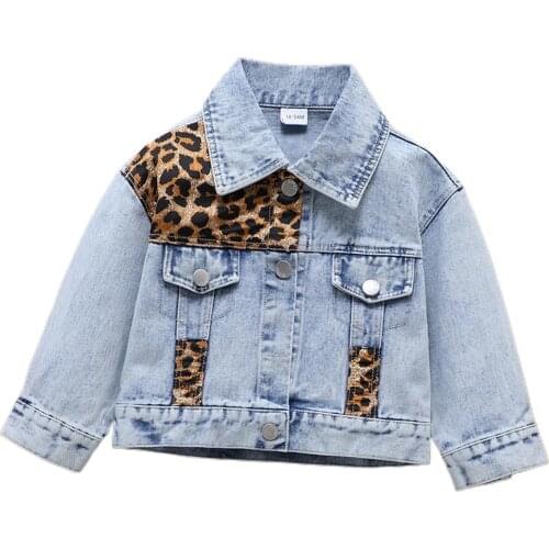 Citgeett Autumn Kids Girls Casual Long Sleeve Cardigan Fashion Leopard Printing Stitching Denim Coat Spring Clothes