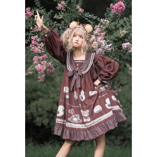 Palace sweet lolita dress retro sailor collar falbala high waist cute printing victorian dress kawaii girl gothic lolita op loli