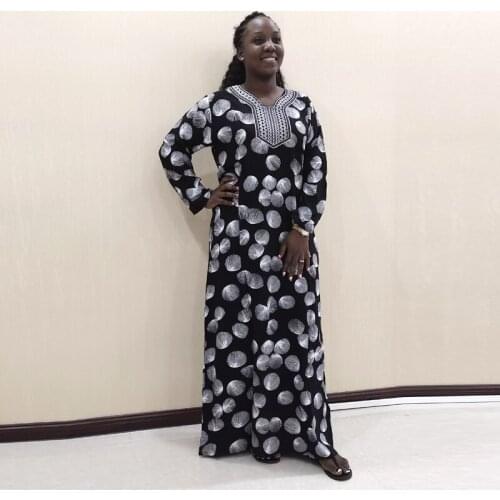 African Womens Dress Cotton Embroidery Appliques Fashion V-neck Casual Long-Sleeved Dress