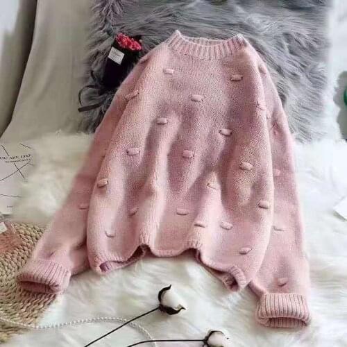 Autumn Winter Women Sweater Casual Polka Dot O-Neck Sweater Loose Solid Colors Pullovers Computer Knitted Thick Female New Tops