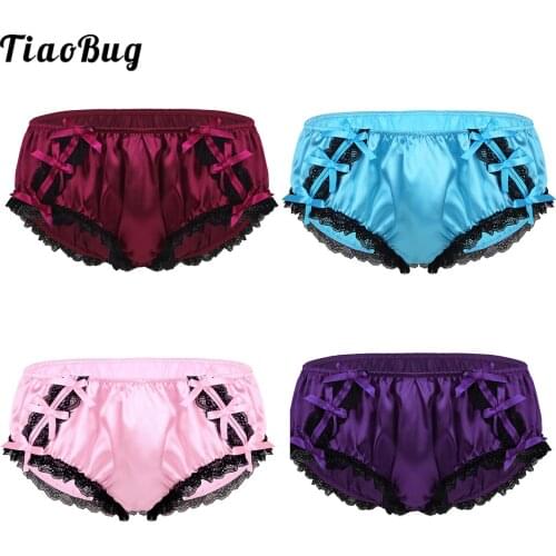 TiaoBug Mens Sexy Shiny Soft Ruffled Floral Lace Satin Lingerie Low Rise Stretchy Bikini Sissy Briefs Underwear With Bowknot