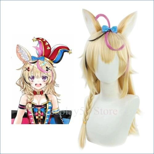 VTuber Omaru Polka Wig Ears Hololive Blonde Golden Braided Ponytails Youtuber Girls Long Straight Cosplay Hair