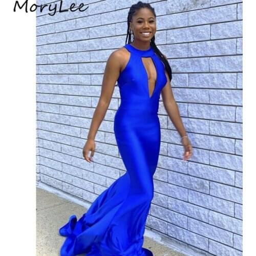 Prom Dresses Royal Blue Sleevless Spandex Satin Pleated Mermaid Prom Dresses With Zipper Back vestidos de fiesta de noche