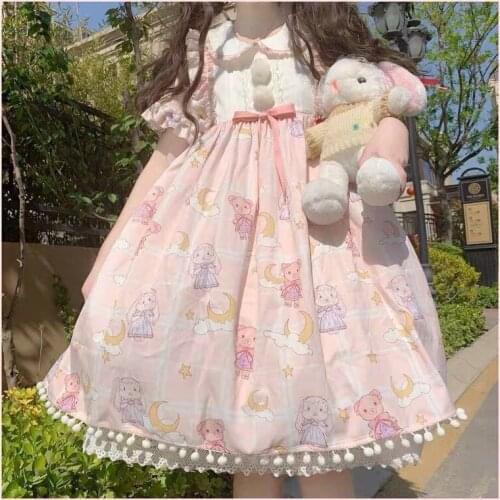 Japanese Sweet Kawaii Lolita Dress Lolita Soft Cute Bear Rabbit Printing Op Daily Short-sleeved Dress Princess Tea Party Dress