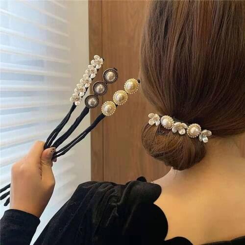 Elegant Fashion Flower Pearl Hairpin Bun Maker Twist Headband Lazy Hair Accessories Women Hairstyle Hair Stick Banquet For Party