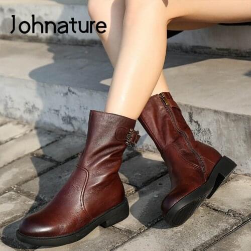 Johnature 2020 New Winter Shoes Women Boots Genuine Leather Zip Round Toe Warm Sewing Concise Plush Leisure Ankle Platform Boots