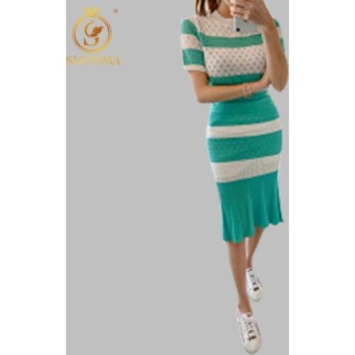 New Fashion Summer Women 2pcs Skirt Suits Ruffle striped Hollow Knitting Blouses Tops +Mermaid SKirt Sets Women Two Piece Set