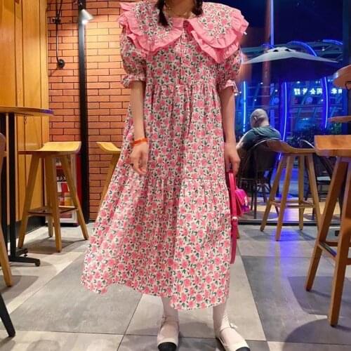 Summer Women Fashion Print Peter Pan Collar Vintage Flowers Print Long Dress Puff Sleeve Loose Maxi Cotton Dress Floral Clothes