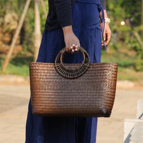 36x20CM Original Chinese Style Handmade Old Straw Bag Rattan Woven Wooden Handle Retro Handbag Large Bag New a6102