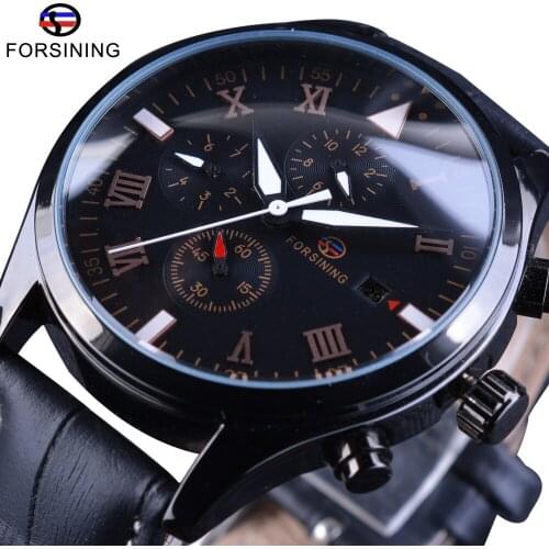 Forsining 2017 Black Genuine Leather Military Design Calendar Display Pilot Series Clock Mens Automatic Watches Top Brand Luxury