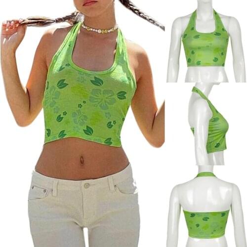Floral Green Corset Tops Y2K Cute Crop Top Patched Sleeveless Skinny Tank Tops Female Basic Summer Halter Tee Vintage