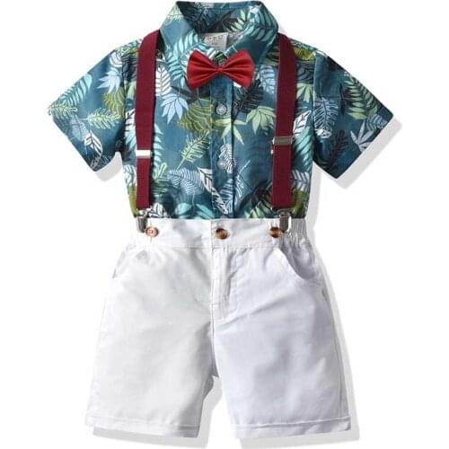 Childrens Boys Clothing Summer Short Sleeve Print Shirt Bow Tie Bib Three-Piece Suit Set Casual Gentleman Boy Dress 0-6 Years