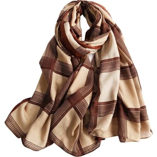 Design Print Spring Women Scarf Cotton-Linen Hijab Large Plaid Striped Vintage Shawl Wraps Bandana Foulard Femme Luxury Pashmina