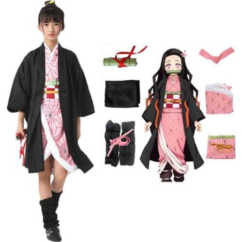 Adult Kids Cosplay Demon Slayer Kimetsu No Yaiba Tanjirou Kamado Nezuko Zenitsu Shinobu Cosplay Kimono Cosplay Costume Set Wig