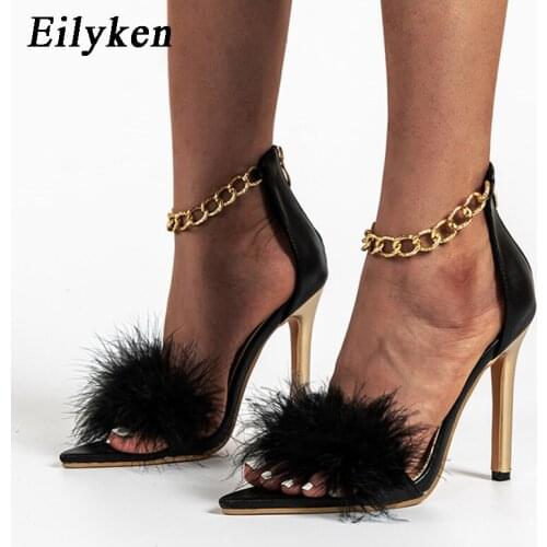 Eilyken Sexy Pointed Toe Feather Thin High Heels Sandals Women Fashion Chain Ankle Strap Female Nightclub Stripper Shoes