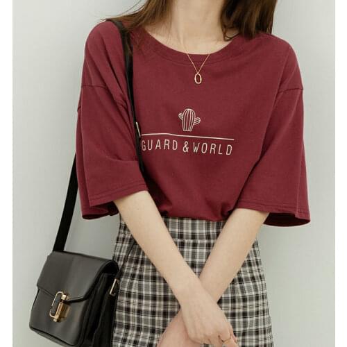 Short-Sleeved T-Shirt Female Summer White New Wild Half-Sleeved Round Neck Loose Korean Letter Printing Top