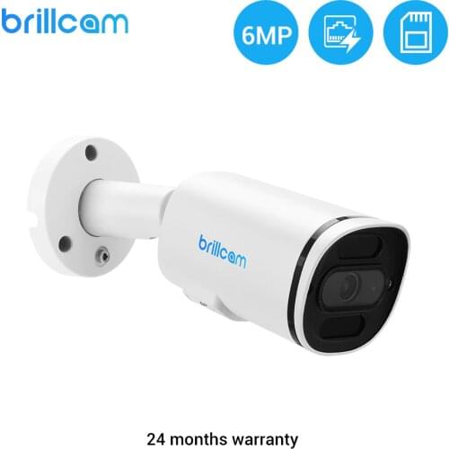 Brillcam 6MP UHD IR Bullet IP Camera with 2.8mm Len PoE IP67 Weatherproof AI SD Recording Built in Microphone Night Vision Cam