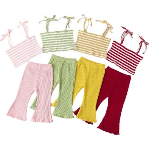 Citgeett Summer Solid Toddler Baby Girls Stripe Printing Two-pieces Set Square Collar Sleeveless Sling Tops + Elastic Pants Set