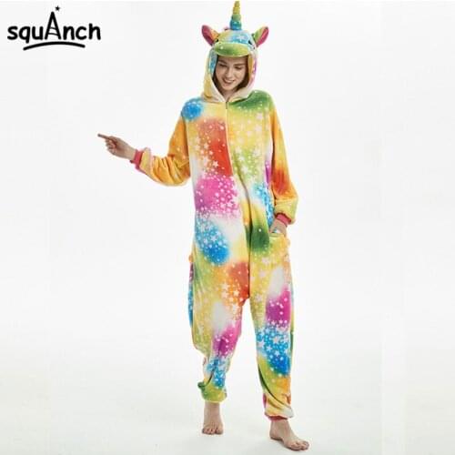 Colorful Stars Unicorn Onesie Kigurumis Women Girl Zipper Hooded Pajama Cartoon Animal Cute Overall One Pieces Warm Soft Suit