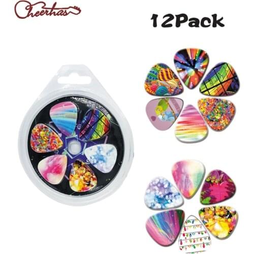 12 pcsguitar picks musical instrument accessories gift box folk acoustic guitar shrapnel celluloid nylon color printing picks