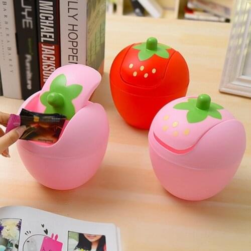 Cute Strawberry Plastic Waste Bin Swing Lid Mini Trash Can Garbage Storage Box for Kitchen Table Desk Car Decor